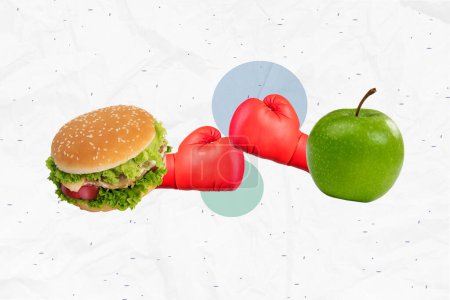 Kreative Bildcollage entscheidet Essen essen Boxerhandschuhe Herausforderung grüne frisches Obst Apfel Kalorien Junk Burger Gesundheit Diät.