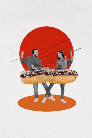 Trend Artwork Skizze Bild Composite 3D Fotocollage von einem glücklichen Paar Mann Frau lustigen Tanz zusammen tragen süße Schokolade Donuts Party.