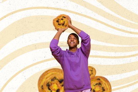 Composite Foto Collage von jungen amerikanischen Kerl Lächeln werfen Brötchen Blätterteig Backen Basketball Essen isoliert auf gemaltem Hintergrund.