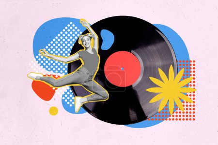 Creative photo collage young cheerful happy woman dancer ballerina entertaiment vintage record vinyl plate stereo meloman.