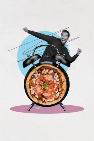 3d retro abstrakte kreative Kunstwerk Vorlage Collage von aufgeregten Mann Tänzer Uhr Timer Pizza Essen Lieferung seltsam freak bizarr ungewöhnlich.