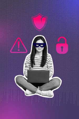 collage de fotos 3D compuesto de negro blanco acosador espía hacker dama en la máscara mantenga portátil en la mano hackear escudo de espionaje de información privada.