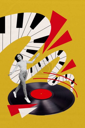 Vertical collage picture young walking girl carefree happy smile vintage vinyl plate piano keys instrument entertainment party album cover.
