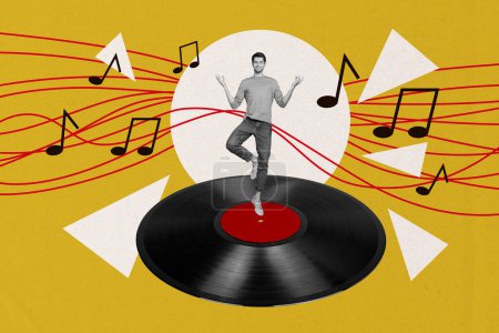 Photo collage creative picture young standing man meditate audio record vinyl party disco music listener concentrated one leg balance.