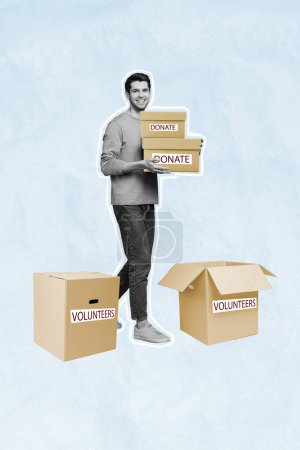 collage vertical foto de negro blanco colores positivo amistoso chico brazos celebrar donar voluntario caja aislado en papel azul fondo.