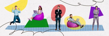 Composite panoramic collage of office workers beanbag freelance laptop team coworking director leader isolated on painted background.