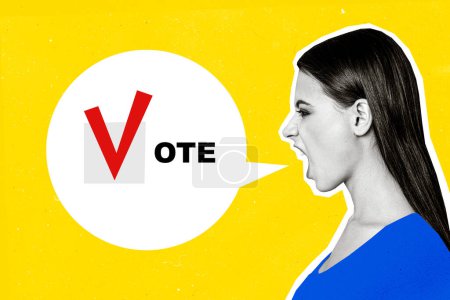 3D foto collage compuesto tendencia ilustraciones boceto imagen de negro blanco fuerte enojado mujer decir voto hacer elección opinión socialdemocracia.