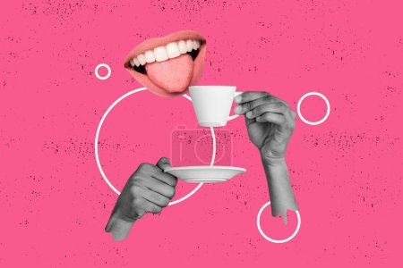 Verbundwerkstoff 3D-Foto-Grafik Collage von Mund Lächeln Zunge Zähne trinken Kaffee Tee heiße Pause Kaffeehaus Tasse Untertasse isoliert auf gemaltem Hintergrund.