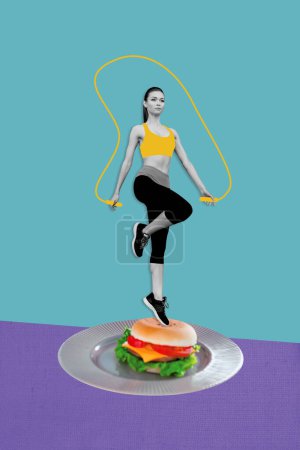 Vertikale kreative Collage Poster junge springen fit Mädchen Körperformen schlanke Figur Sport Übung Hamburger Kalorien Junk Ernährung Gericht.