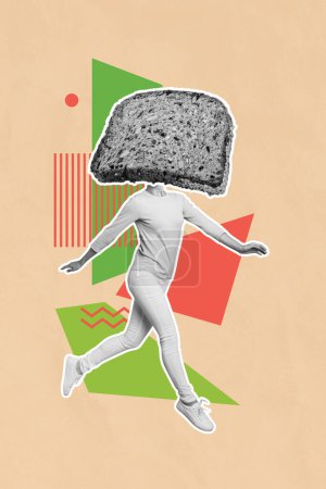 Vertikale kreative Bildcollage läuft junge kopflose Frau Brot statt Gesicht Toast Ernährung Zutat Mittagessen Frühstück.