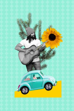 Vertical creative composite artwork photo collage of man play guitar with sunflower go on tour by car isolated on painted background.
