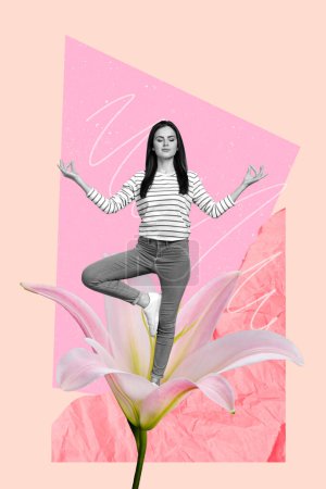 Collage photo composite créatif vertical de fille paisible debout dans la méditation asana sur fleur de lys isolé sur fond de dessin.