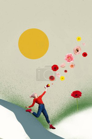 Vertical image collage of young girl run hold loudspeaker announce spring flowers snowdrift sun blossom bud isolated on painted background.