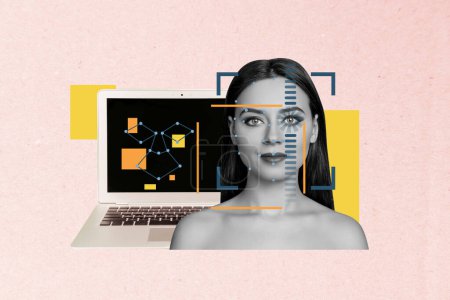Ilustración creativa del collage fotográfico compuesto de la identificación de la cara de la exploración de la muchacha para acceder a los archivos de datos en la computadora aislada en fondo dibujado.
