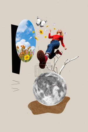 Trend artwork composite image photo surreal collage of young lady jump between warm spring flower butterfly season and cold full moon.