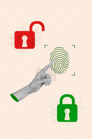 Cartel creativo vertical huellas dactilares método de verificación de protección digital toque pulgar acceso restricción datos seguridad ciberseguridad.