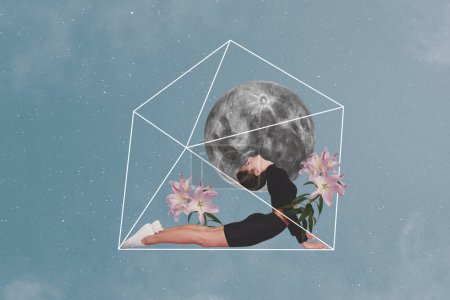 Abstrakte kreative Kunstwerk Vorlage Collage von schlanken entzückenden Dame genießen Yoga isoliert graue Farbe Hintergrund.