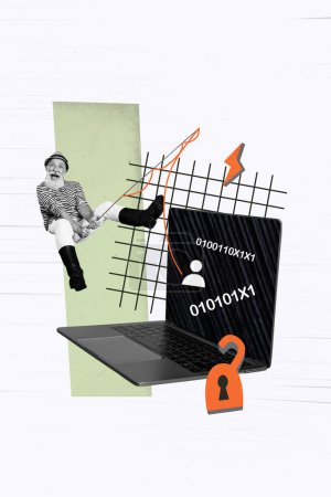 Vertical créatif collage affiche ordinateur cybersécurité retirer homme pêche attraper mot de passe utilisateur protection de cryptage des données verrouillage.