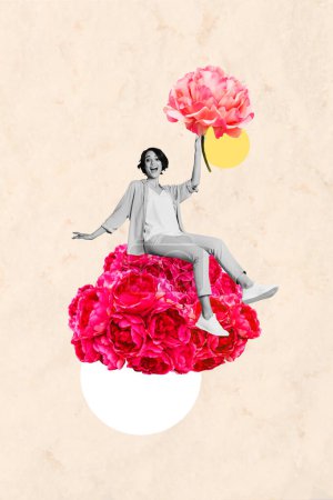 Collage vertical photo jeune fille heureuse joyeuse insouciante 8 Mars célébration rêve fleurs beauté fleur flore dessin fond.
