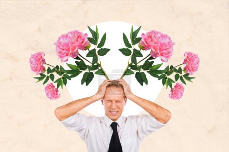 collage de fotos compuesto de hombre mantenga la cabeza fruncida mueca olvidar las mujeres día flores ramo saludo regalo aislado sobre fondo pintado.