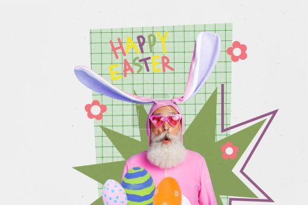 Artwork collage of surprised funky elderly man grandfather wear pink costume easter festival theme party isolated on drawing background.