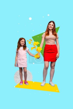Kunstwerk Collage Bild von glücklichen fröhlichen Menschen Tochter und Mutter halten die Hände zusammen isoliert auf Krickente Farbhintergrund.