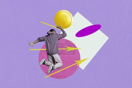 collage creativo imagen joven jugador de baloncesto saltar oro bola de la moneda puntuación comerciante criptomoneda ganancias de ingresos comerciante.