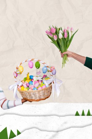Vertical photo collage of hands exchange gifts basket hamper sweets bouquet tulips spring greeting holiday isolated on painted background.