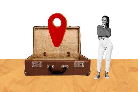 Creative abstract template collage of minded female lok valise gps location navigation travel billboard comics zine minimal.