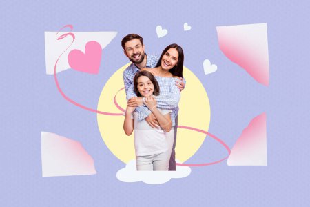 Foto collage compuesto tendencia ilustraciones boceto imagen de la familia feliz niña preadolescente abrazo con mamá papá vinculación juntos madre día.