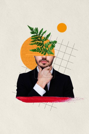 Collage vertical photo jeune homme d'affaires pense dilemme demi-tête vert plante fleurir botanique fleur costume de formalwear.