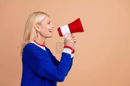 Profile portrait of excited cheerful person hold communicate loudspeaker empty space isolated on beige color background.