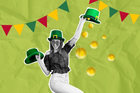 Composite trend sketch image 3D photo collage of smiling attractive lady hold in hand cap coins fall down gift for happy st patrick day.