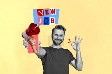 Composite 3d photo collage of young guy hold iphone show gesture ok smile hand megaphone new vacancy isolated on painted background.