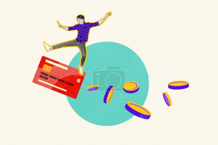 Composite Foto-Collage von jungen glücklichen Kerl tanzen Kreditkarte einkaufen Gehalt anfallen Geldmünzen isoliert auf gemaltem Hintergrund.