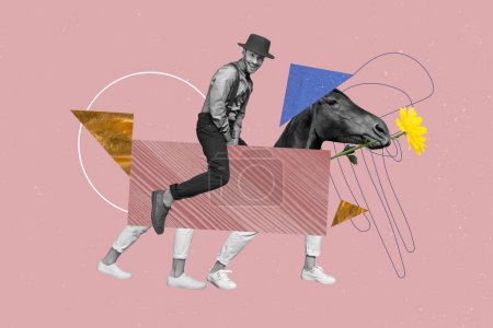 collage cartel creativo de joven caballero vaquero montar patas de caballo caminando extraño cartel de fantasía inusual.