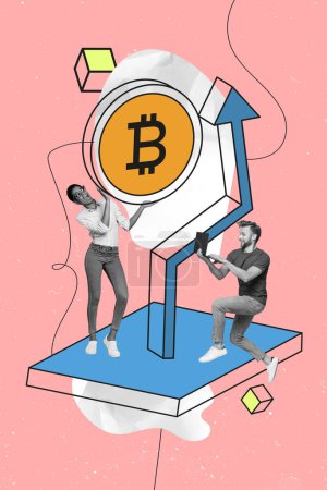 Vertical image de collage créatif de Bitcoin trading économiste financier hommes d'affaires flèche pointent vers le haut panneau d'affichage bande dessinée zine minimal.