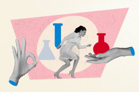 Imagen de collage compuesto de la mujer médico corriendo okey laboratorio matraz química medicina fantasía cartelera cómics zine.