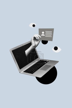Vertikale kreative Collage Plakat moderne Technologie Laptop-Bildschirm Benutzer Informationen Daten Cyber-Sicherheit Augen Spionage-Spyware.