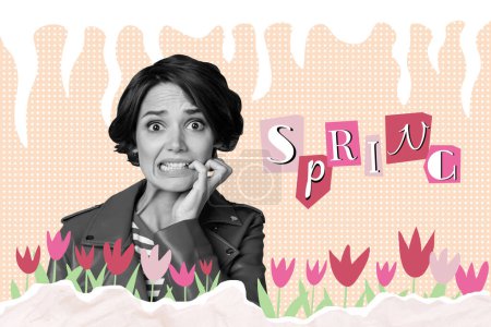 Composite photo illustration collage of worried stressed girl biting fingers afraid of spring coming isolated on creative background.