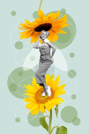 3D foto collage tendencia ilustraciones bosquejo surrealista imagen de negro blanco silueta joven linda dama danza entre enormes girasoles primavera temporada.
