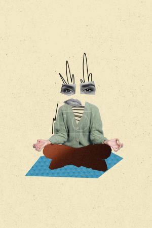 Collage foto de mujer extraña inusual sentado loto pose om formación yoga aislado sobre fondo de dibujo.