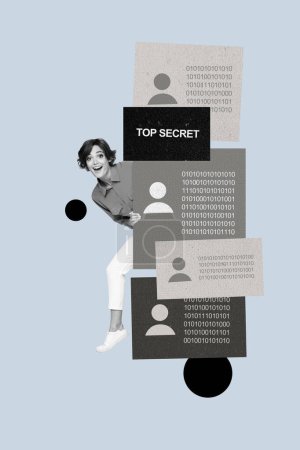 Vertical creative poster young girl hiding behind top secret profile cards users cyber security protection restricted access encryption.
