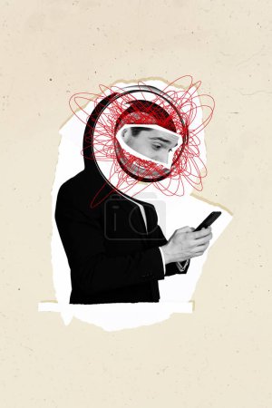 Creative vertical collage poster young stressed businessman hold phone mind mess psychological chaos disorder drawing background.