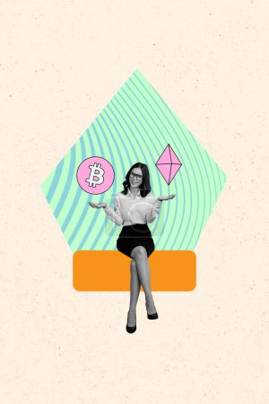 Modèle abstrait créatif collage de commerçant de bureau financier femme comparer Bitcoin crypto icône de la monnaie bizarre panneau d'affichage fantaisie inhabituelle.