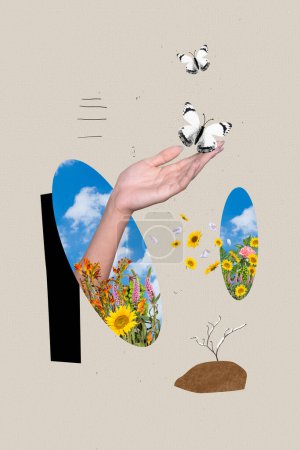 3D photo collage composite trend artwork sketch abstract image of .huge hand hold butterfly in sky hole spring season warm weather.