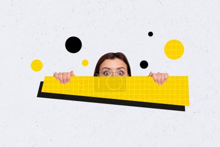 3D photo collage composite trend artwork sketch image of young shocked afraid woman look half face hold in hand huge yellow banner.