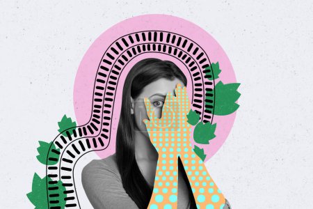 Tendance illustration composite image collage photo 3D de jeune femme timide effrayée visage étroit avec la main dans des gants de dessin animé un oeil regarder sous les doigts.