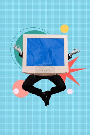 Fotografía de collage vertical del empresario trabajador sin cabeza saltando meditación monitor de computadora sobrecargado de trabajo aislado sobre fondo de color azul.