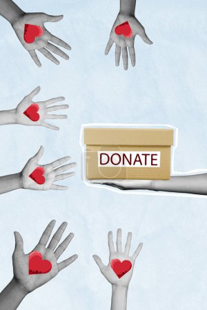 Trend artwork image composite photo collage of black white silhouette hand hold donation box handrs hold alms donor blood hearts.